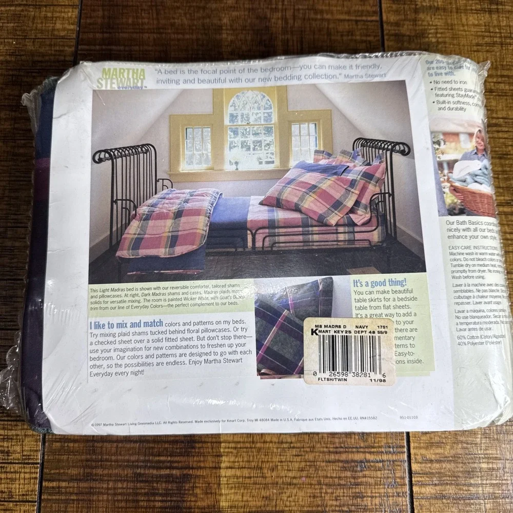 Vtg Martha Stewart Twin Flat Sheet Navy Green Plaid 200 Thread Count 1997 NOS